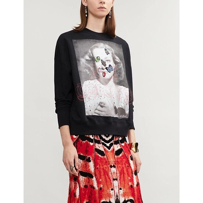 Shop Alexander Mcqueen Beaded Appliqué-embellished Cotton-jersey Sweatshirt In Black