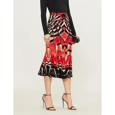 Shop Alexander Mcqueen Butterfly-print Knitted Midi Skirt In Red/orange/black