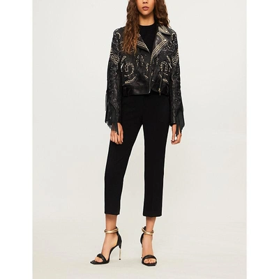 Shop Elie Saab Bead-embellished Fringed Leather Jacket In Black