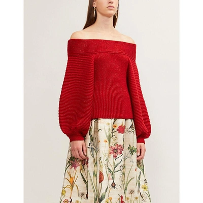 Shop Oscar De La Renta Off-the-shoulder Metallic Wool-blend Jumper In Red