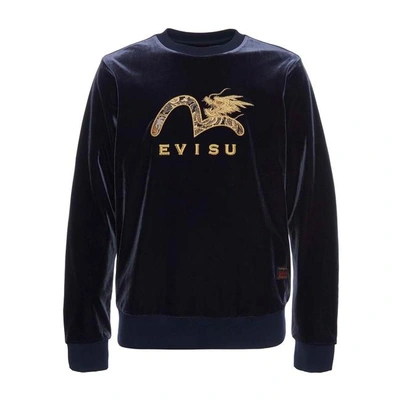 Shop Evisu Brocade Appliqued Velour Sweatshirt With Dragon Embroidery In Navy