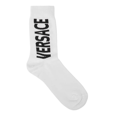 Shop Versace White Logo Cotton-blend Socks In White And Black