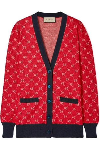 Shop Gucci Intarsia Wool And Alpaca-blend Cardigan In Red