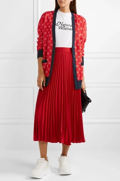 Shop Gucci Intarsia Wool And Alpaca-blend Cardigan In Red