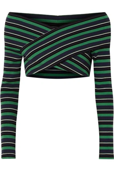 Shop Opening Ceremony Cropped Off-the-shoulder Striped Ribbed Stretch-cotton Top In Green