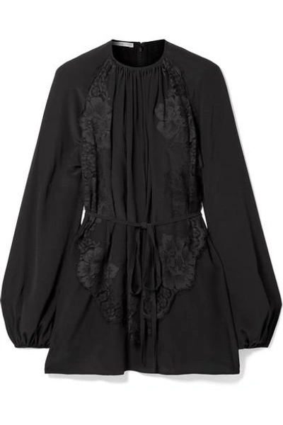 Shop Stella Mccartney Belted Pleated Lace-appliquéd Silk Blouse In Black