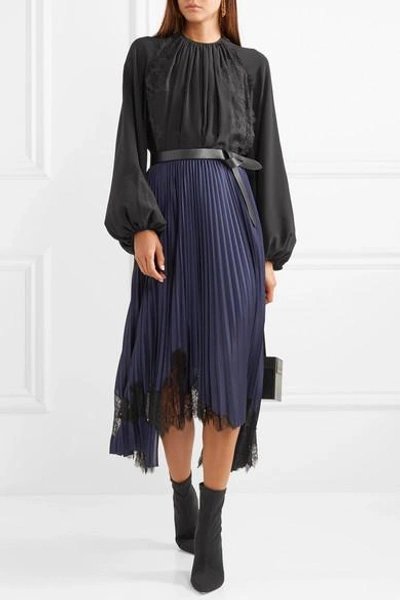 Shop Stella Mccartney Belted Pleated Lace-appliquéd Silk Blouse In Black