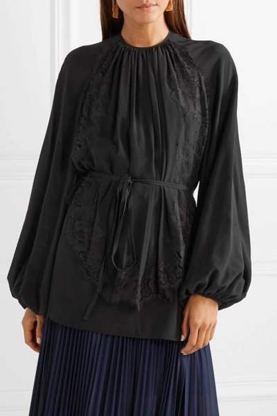 Shop Stella Mccartney Belted Pleated Lace-appliquéd Silk Blouse In Black