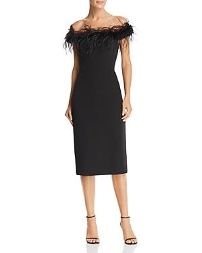 Shop Milly Elle Feather-trimmed Off-the-shoulder Dress In Black