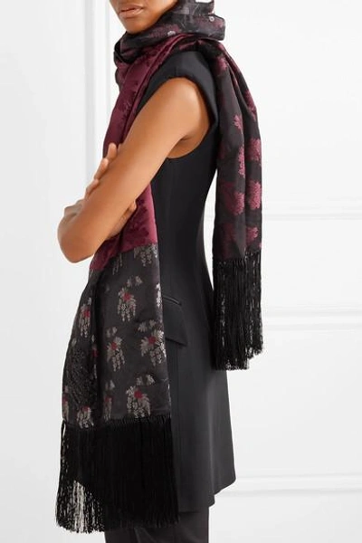 Shop Alexander Mcqueen Fringed Silk-jacquard And Cashmere Scarf In Black
