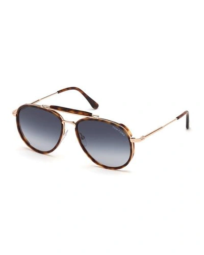 Shop Tom Ford Men's Tripp Tortoiseshell Aviator Sunglasses In Brown/blue