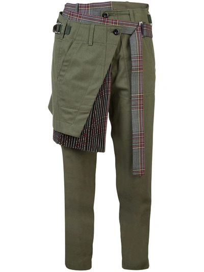 Shop Sacai Layered Front Cropped Trousers In Green