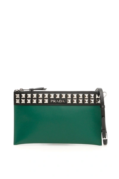 Shop Prada Studded Clutch In Green