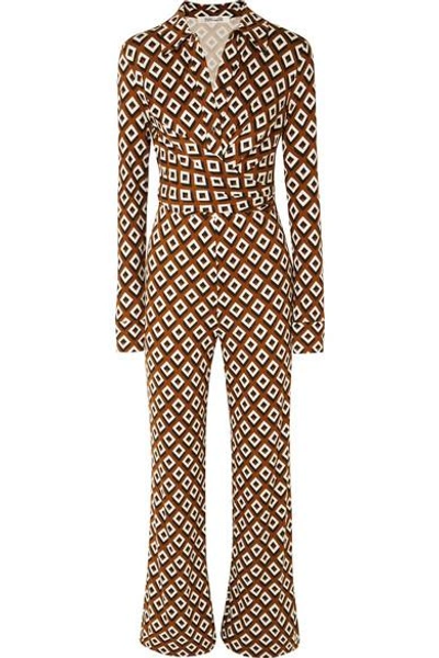 Shop Diane Von Furstenberg Wrap-effect Printed Silk-jersey Jumpsuit In Brown