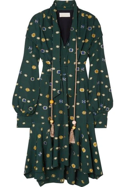 Shop Peter Pilotto Asymmetric Pussy-bow Fil Coupé Crepe Dress In Green