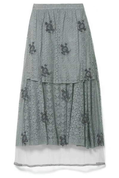 Shop Stella Mccartney Embroidered Tulle-paneled Corded Lace Midi Skirt In Gray