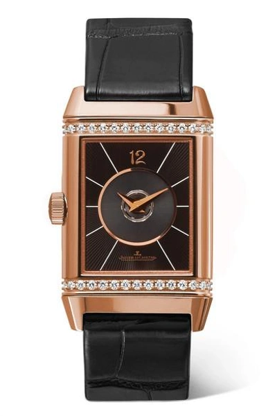 Shop Jaeger-lecoultre Reverso Classic Duetto 24.4mm Medium Rose Gold, Alligator And Diamond Watch