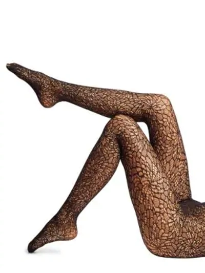 Shop Wolford Floral Swarovski Crystal Lace Tights In Black