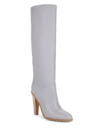 Shop Valentino Rockstud Leather Knee-high Boots In Grey