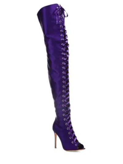 Shop Gianvito Rossi Marie Satin Lace-up Peep-toe Over-the-knee Boots In Purple