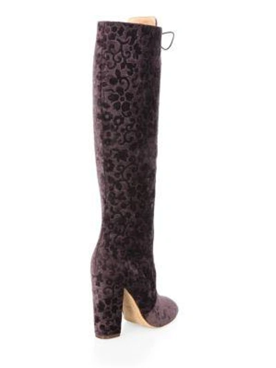 Shop Alice And Olivia Vesey Embossed Velvet Knee-high Boots In Purple