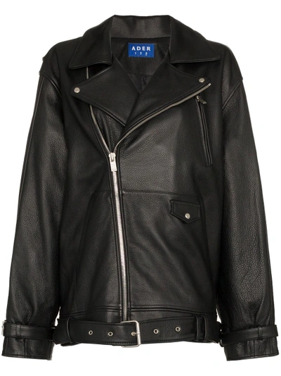 Shop Ader Error Oversized Leather Biker Jacket - Black