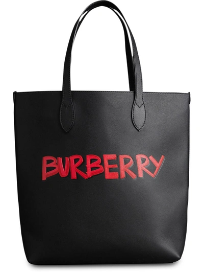 Shop Burberry Graffiti Print Bonded Leather Tote - Black