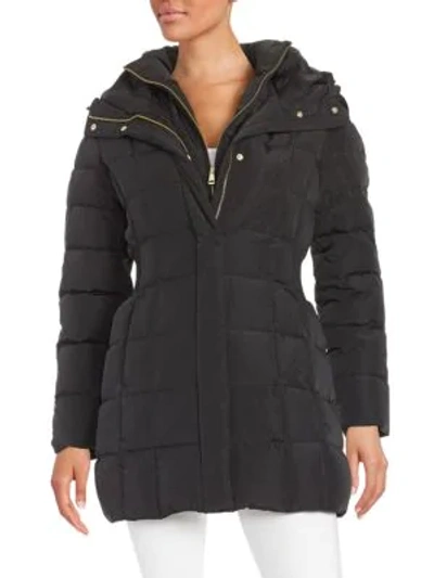Shop Cole Haan Women's Shirred-waist Hooded Quilted Down Coat In Black