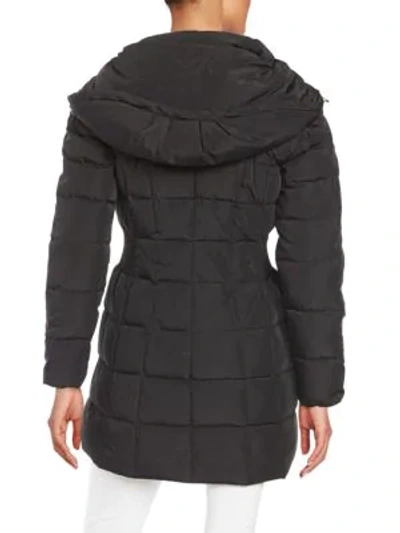 Shop Cole Haan Women's Shirred-waist Hooded Quilted Down Coat In Black