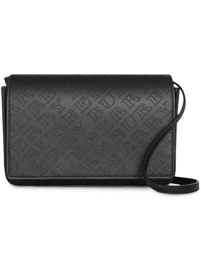 Shop Burberry Perforated Logo Leather Wallet With Detachable Strap - Black