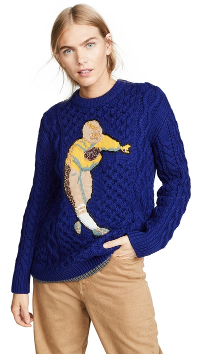 Shop Coach Football Cable Knit Jumper In Blue