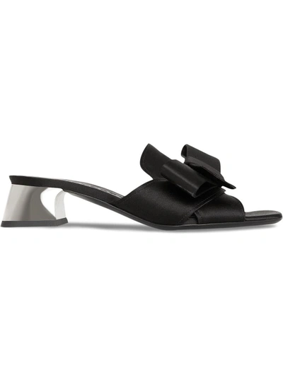 Shop Burberry Bow Detail Satin Block-heel Mules - Black