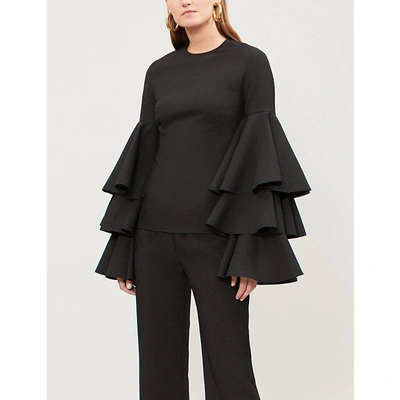 Shop Solace London Ladies Black Ruba Tiered Flared-sleeve Crepe Top