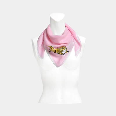 Shop Kenzo 70x70 Walking Tiger Bandana Scarf In Light Pink Cotton And Silk