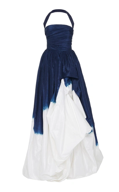 Shop Oscar De La Renta Pleated Dip-dyed Silk Gown In Navy