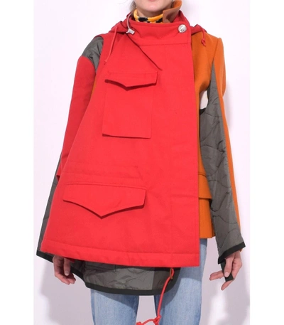 Shop Sacai Melton Wool Nylon Cotton Hoodie Coat In Red/orange
