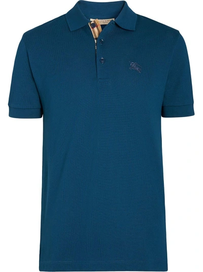 Shop Burberry Check Placket Cotton Piqué Polo Shirt In Blue