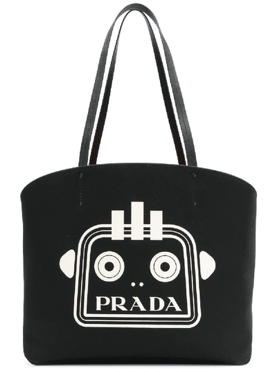 Shop Prada Printed Canvas Tote Bag - Black