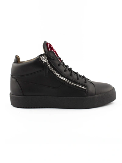 Shop Giuseppe Zanotti Black Calfskin Leather Mid-top Kriss Sneaker. In Nero