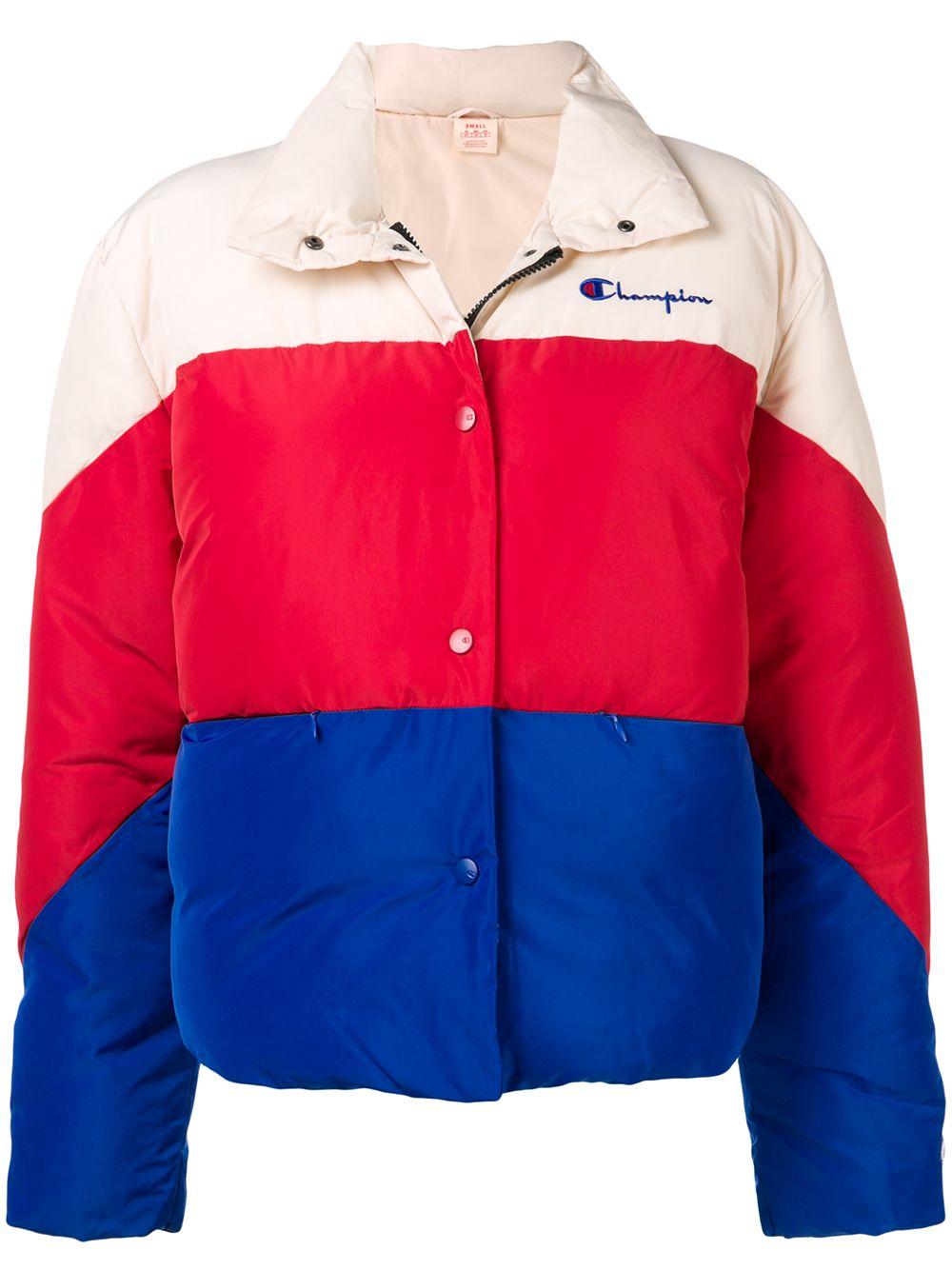 red and blue champion shirt
