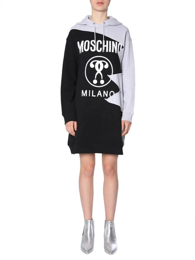 Shop Moschino Hooded Sweatshirt Dress In Nero