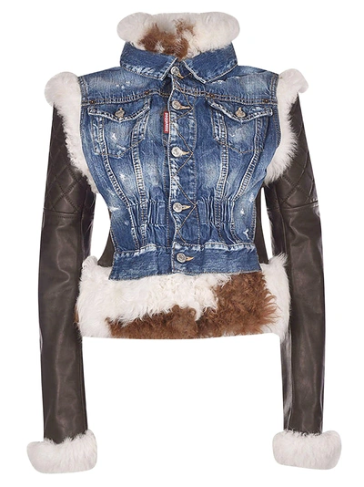 Shop Dsquared2 Fur-detailed Denim Jacket In Dark Brown