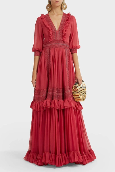 Costarellos Ruffled Silk Gown In Red