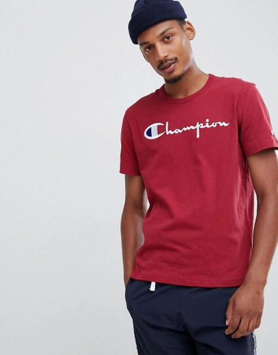 Shop Champion Reverse Weave T-shirt With Large Script Logo In Red - Red