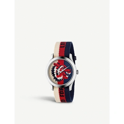 Shop Gucci Ya1264059 G-timeless Stainless Steel And Canvas Watch In Red