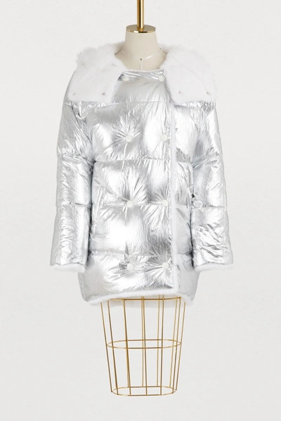 Shop Yves Salomon Mink Leather Jacket In Silver/blanc