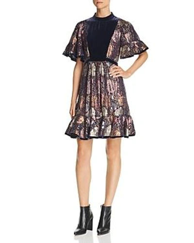 Shop Rebecca Taylor Velvet-trimmed Metallic Floral Dress In Shadow Combo