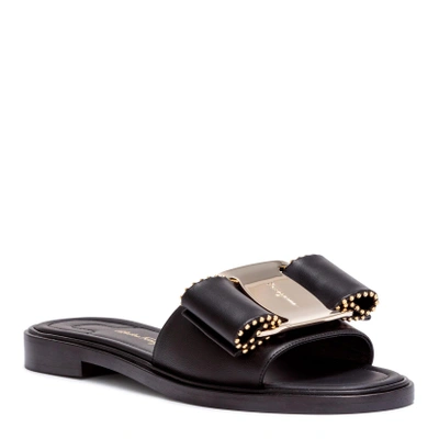 Shop Ferragamo Isera Black Leather Studded Bow Slide Sandals