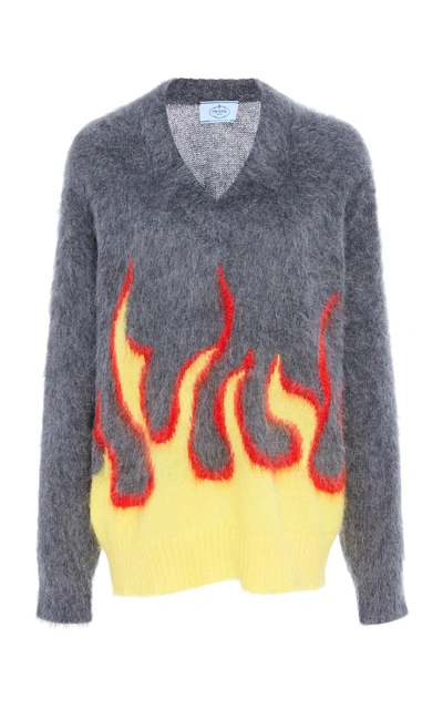 Shop Prada Flame-print Intarsia-knit Mohair Sweater In Grey