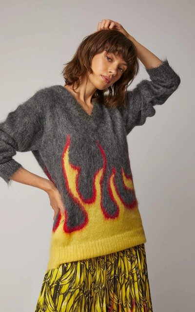 Shop Prada Flame-print Intarsia-knit Mohair Sweater In Grey